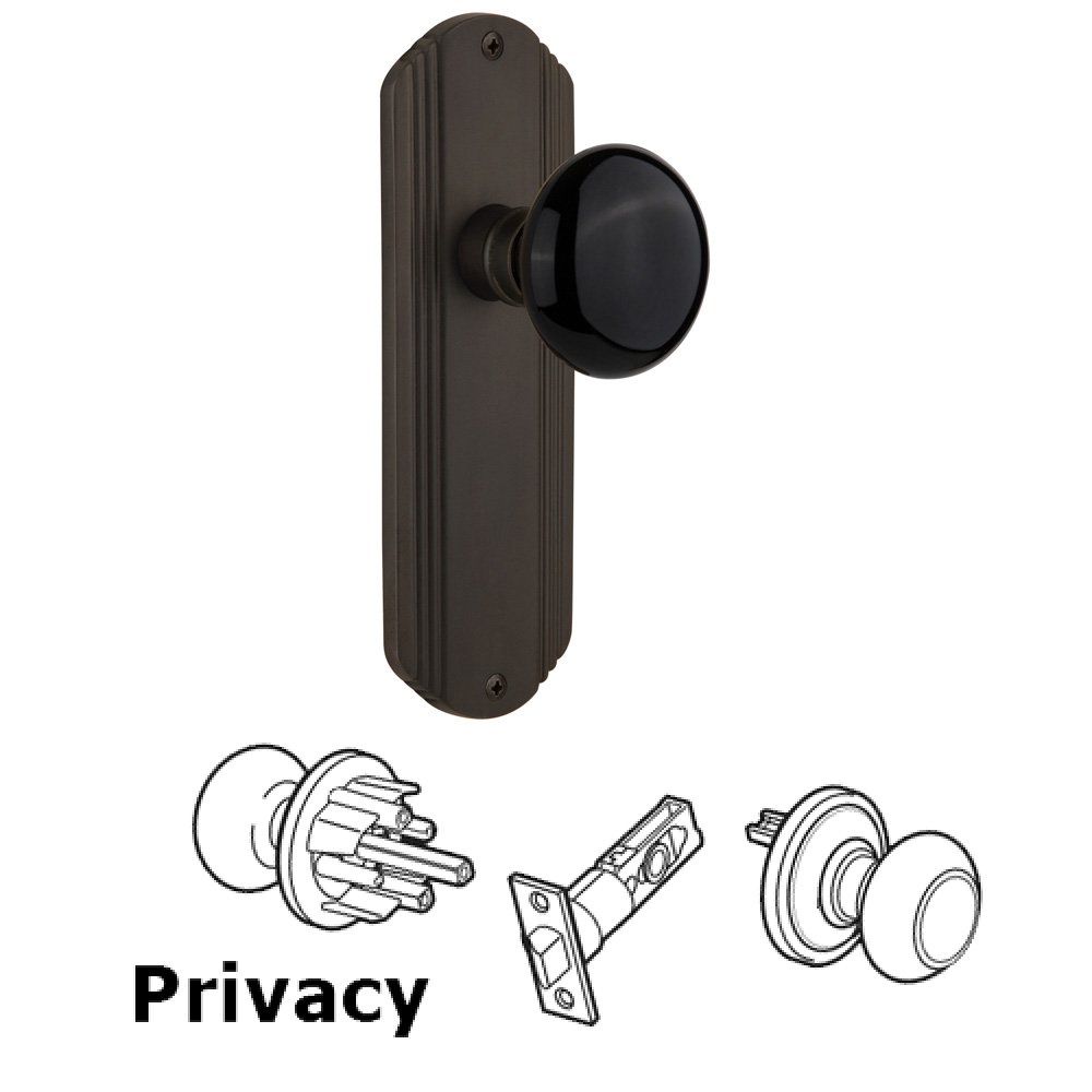 Nostalgic Warehouse Complete Privacy Set Without Keyhole - Deco Plate with Black Porcelain Knob in Oil Rubbed Bronze
