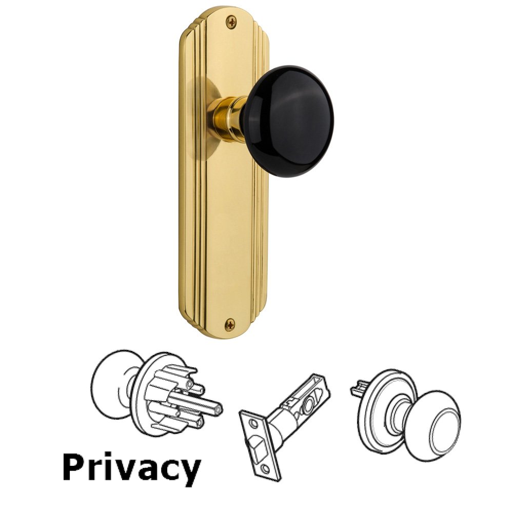 Nostalgic Warehouse Complete Privacy Set Without Keyhole - Deco Plate with Black Porcelain Knob in Polished Brass