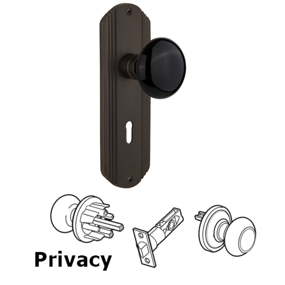 Nostalgic Warehouse Complete Privacy Set With Keyhole - Deco Plate with Black Porcelain Knob in Oil Rubbed Bronze
