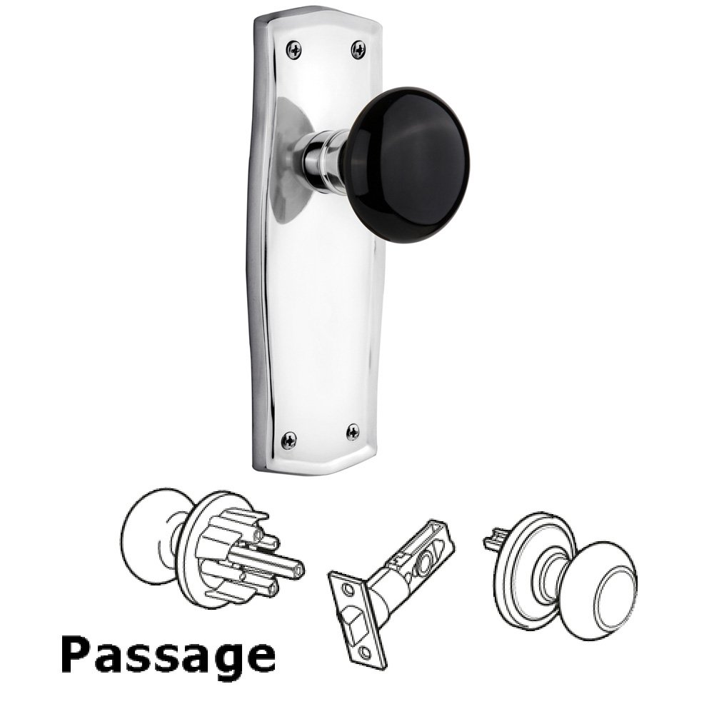 Nostalgic Warehouse Complete Passage Set Without Keyhole - Prairie Plate with Black Porcelain Knob in Bright Chrome