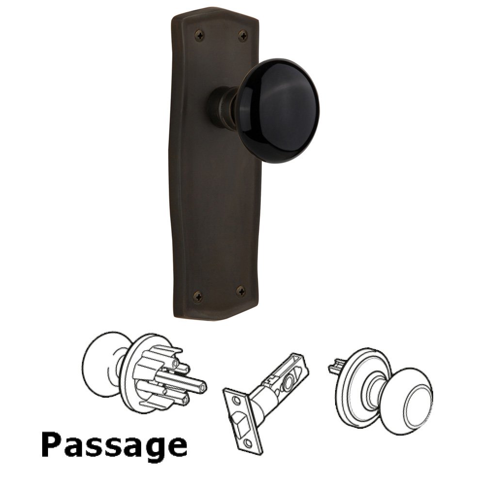 Nostalgic Warehouse Complete Passage Set Without Keyhole - Prairie Plate with Black Porcelain Knob in Oil Rubbed Bronze