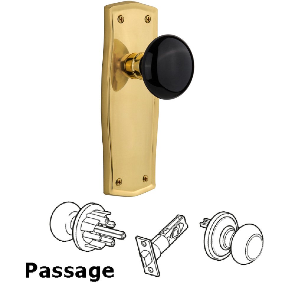 Nostalgic Warehouse Complete Passage Set Without Keyhole - Prairie Plate with Black Porcelain Knob in Polished Brass