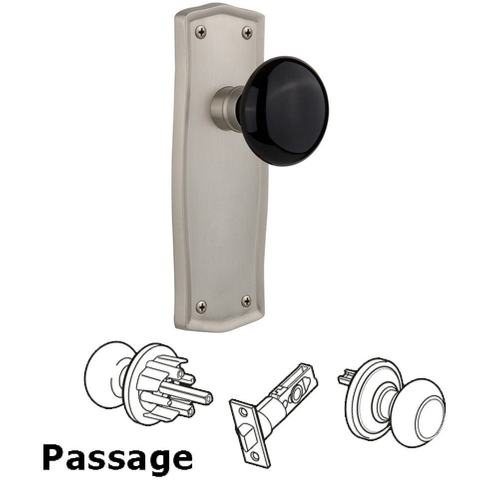 Nostalgic Warehouse Complete Passage Set Without Keyhole - Prairie Plate with Black Porcelain Knob in Satin Nickel