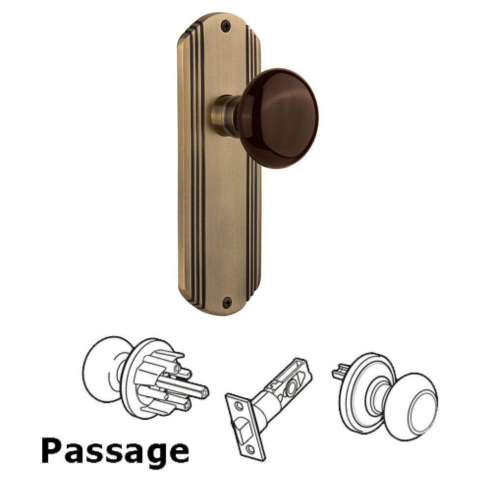 Nostalgic Warehouse Complete Passage Set Without Keyhole - Deco Plate with Brown Porcelain Knob in Antique Brass