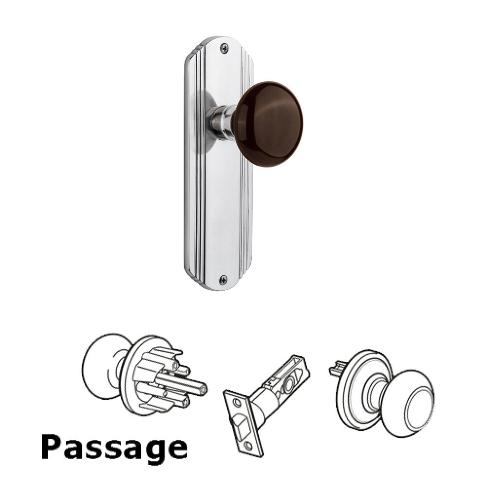 Nostalgic Warehouse Complete Passage Set Without Keyhole - Deco Plate with Brown Porcelain Knob in Bright Chrome