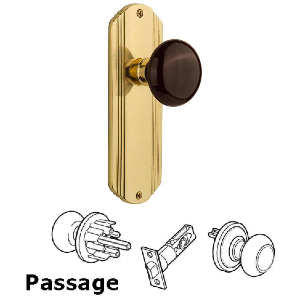 Nostalgic Warehouse Complete Passage Set Without Keyhole - Deco Plate with Brown Porcelain Knob in Polished Brass