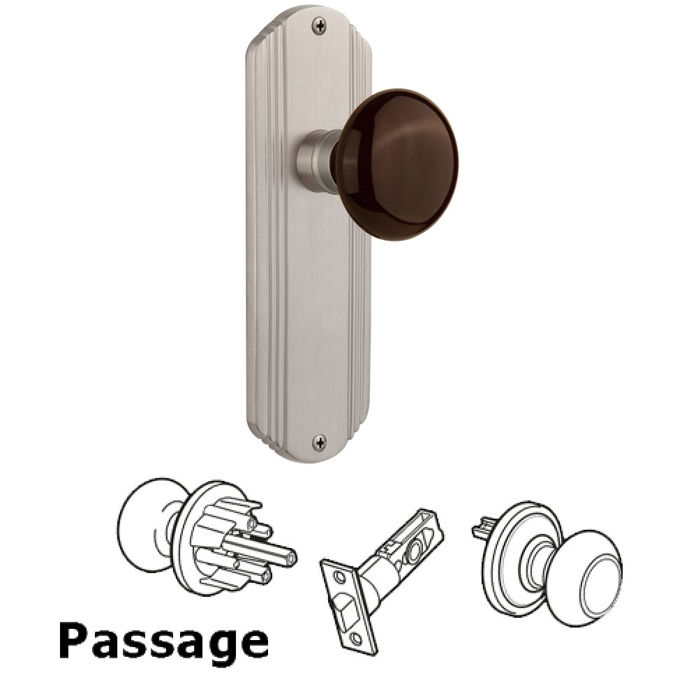 Nostalgic Warehouse Complete Passage Set Without Keyhole - Deco Plate with Brown Porcelain Knob in Satin Nickel