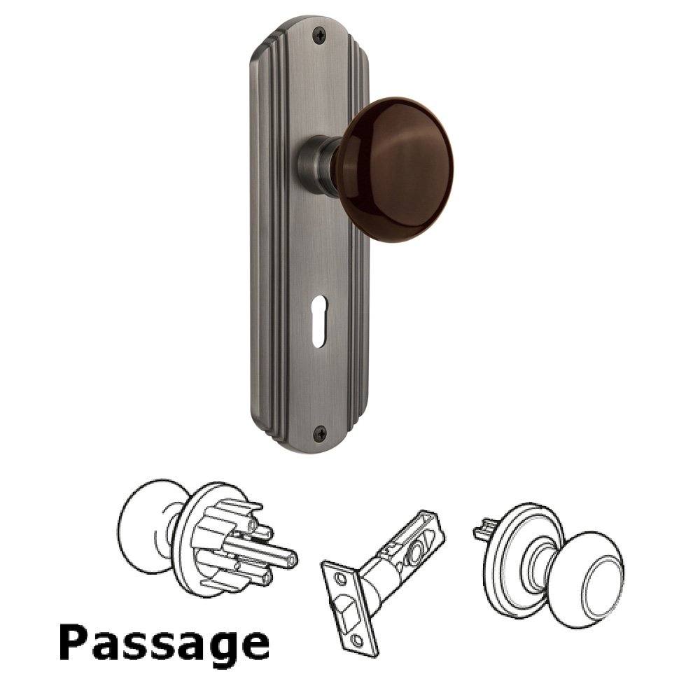 Nostalgic Warehouse Complete Passage Set With Keyhole - Deco Plate with Brown Porcelain Knob in Antique Pewter