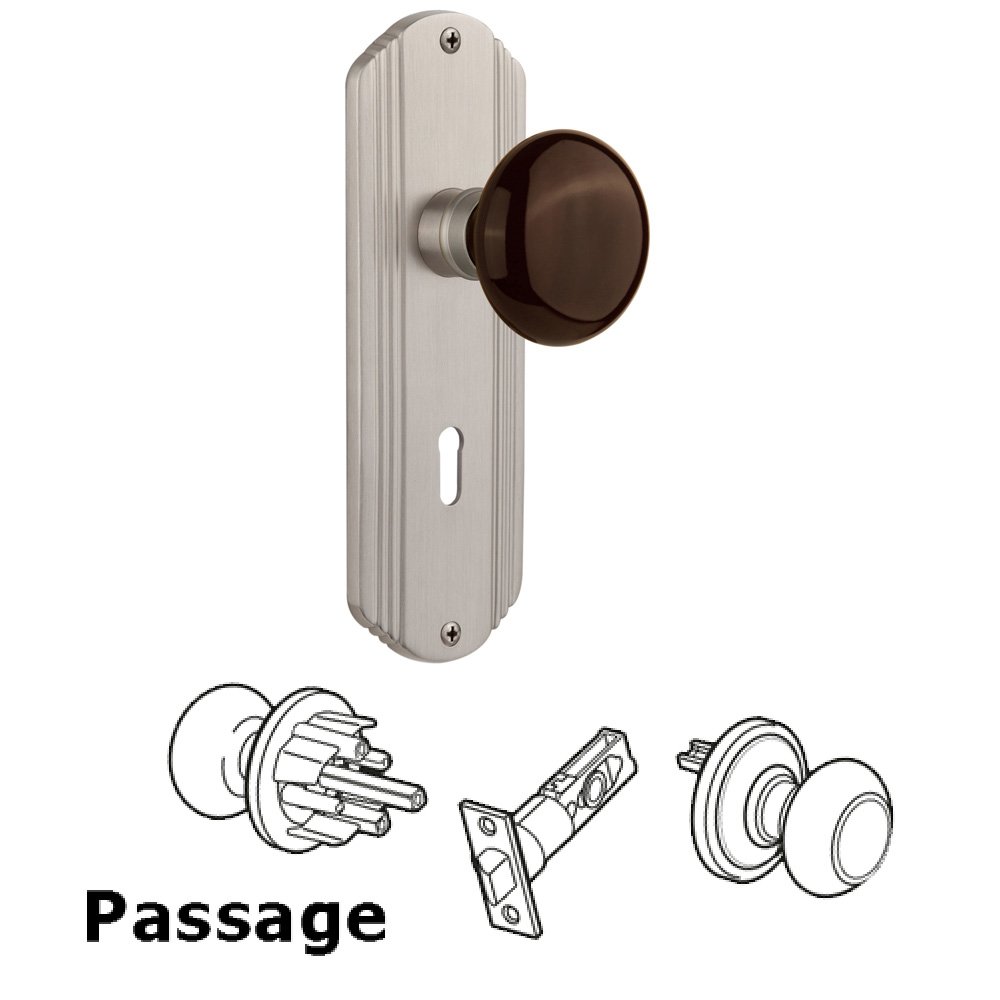 Nostalgic Warehouse Passage Deco Plate with Keyhole and Brown Porcelain Door Knob in Satin Nickel