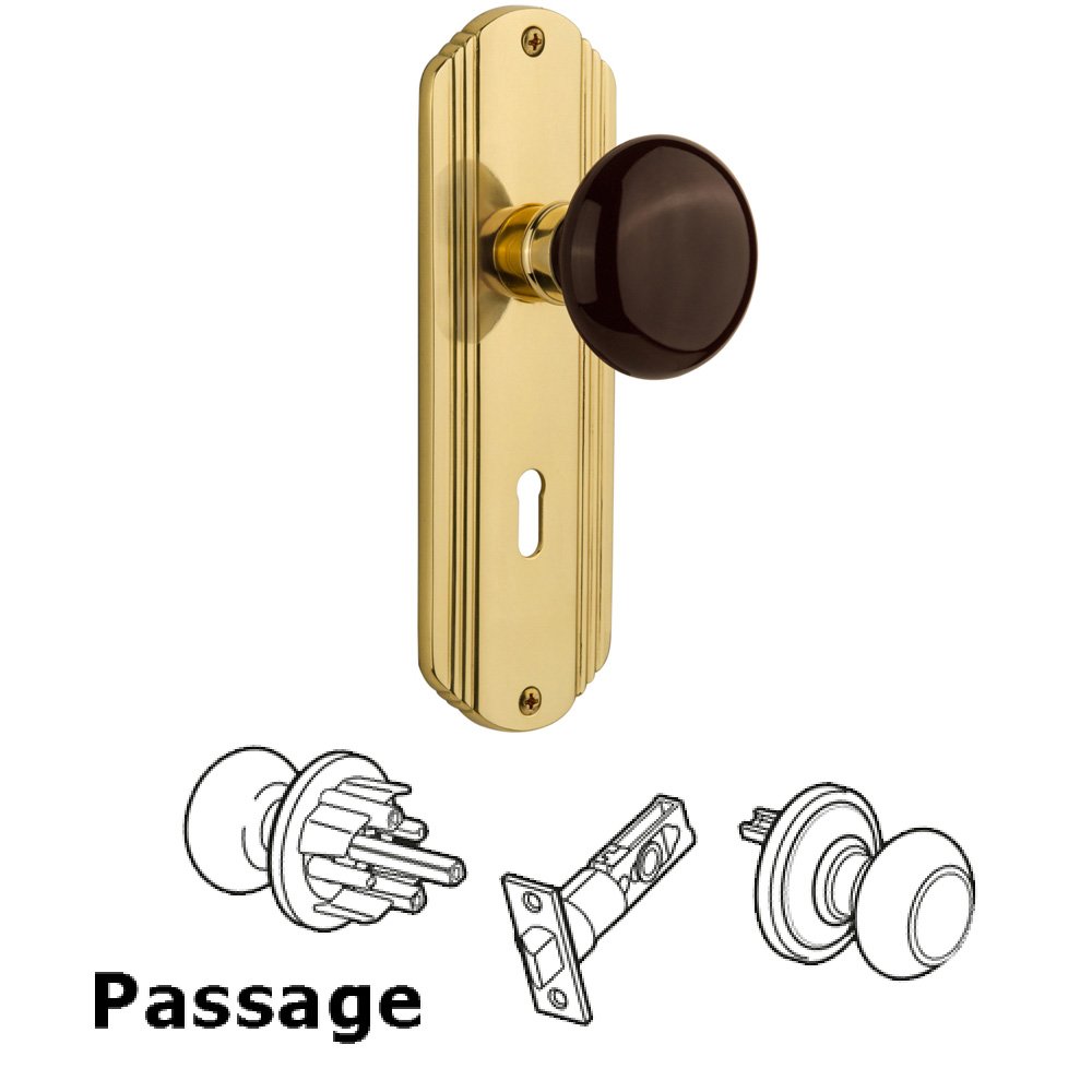 Nostalgic Warehouse Complete Passage Set With Keyhole - Deco Plate with Brown Porcelain Knob in Unlacquered Brass