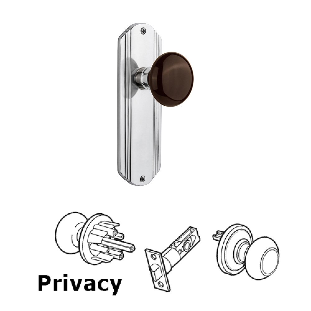 Nostalgic Warehouse Complete Privacy Set Without Keyhole - Deco Plate with Brown Porcelain Knob in Bright Chrome