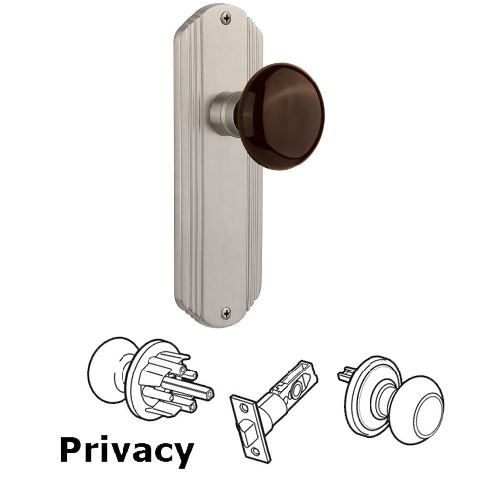 Nostalgic Warehouse Complete Privacy Set Without Keyhole - Deco Plate with Brown Porcelain Knob in Satin Nickel