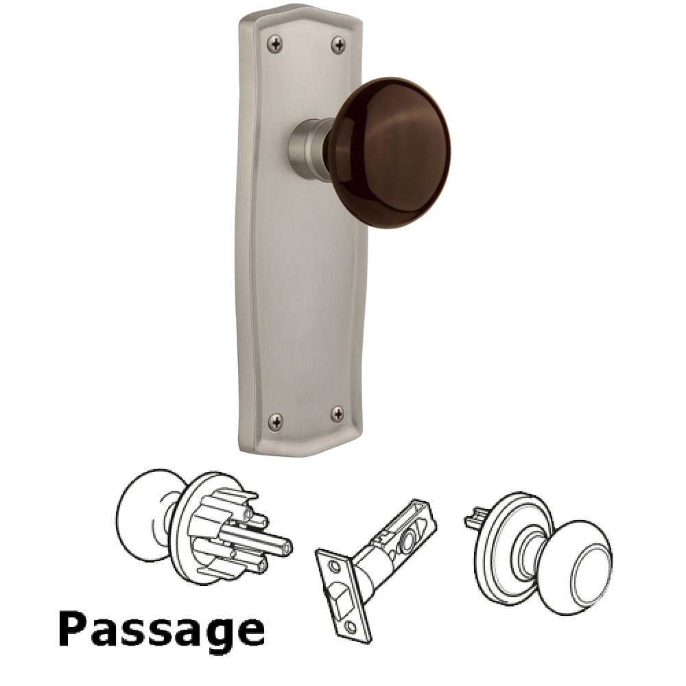 Nostalgic Warehouse Complete Passage Set Without Keyhole - Prairie Plate with Brown Porcelain Knob in Satin Nickel