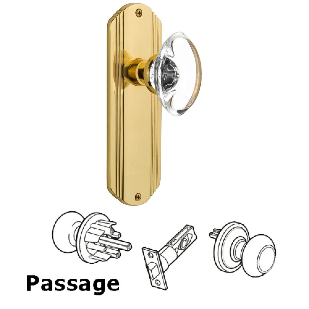 Nostalgic Warehouse Complete Passage Set Without Keyhole - Deco Plate with Oval Clear Crystal Knob in Polished Brass