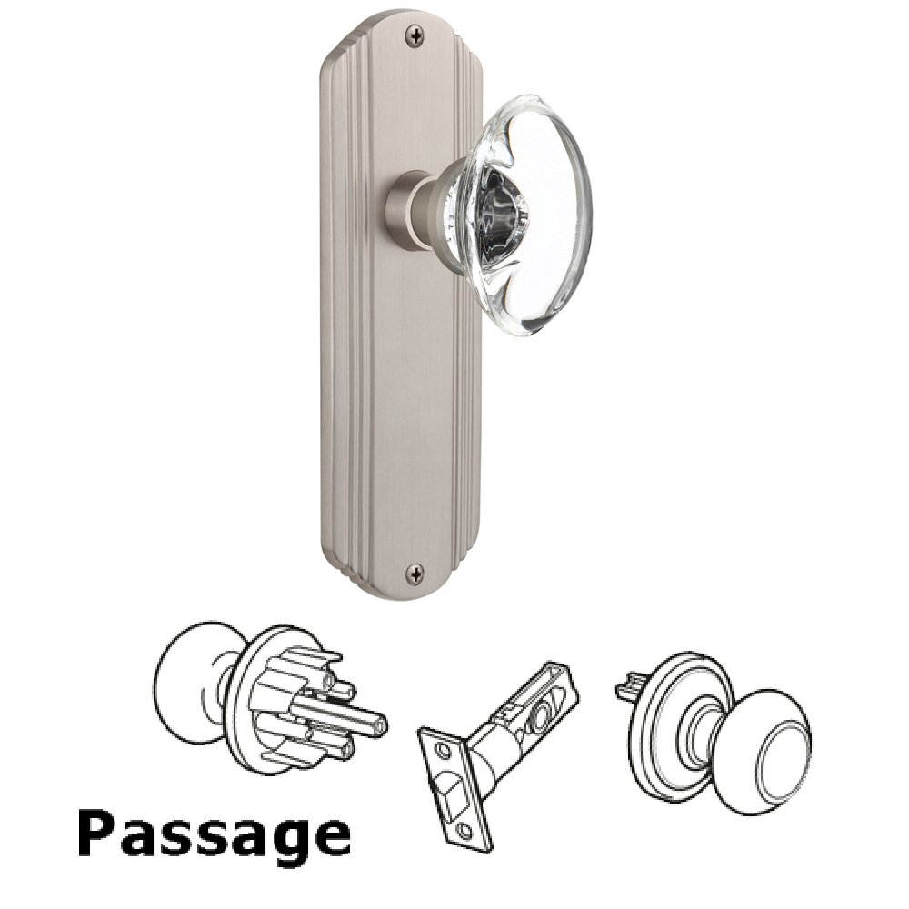 Nostalgic Warehouse Passage Deco Plate with Oval Clear Crystal Glass Door Knob in Satin Nickel