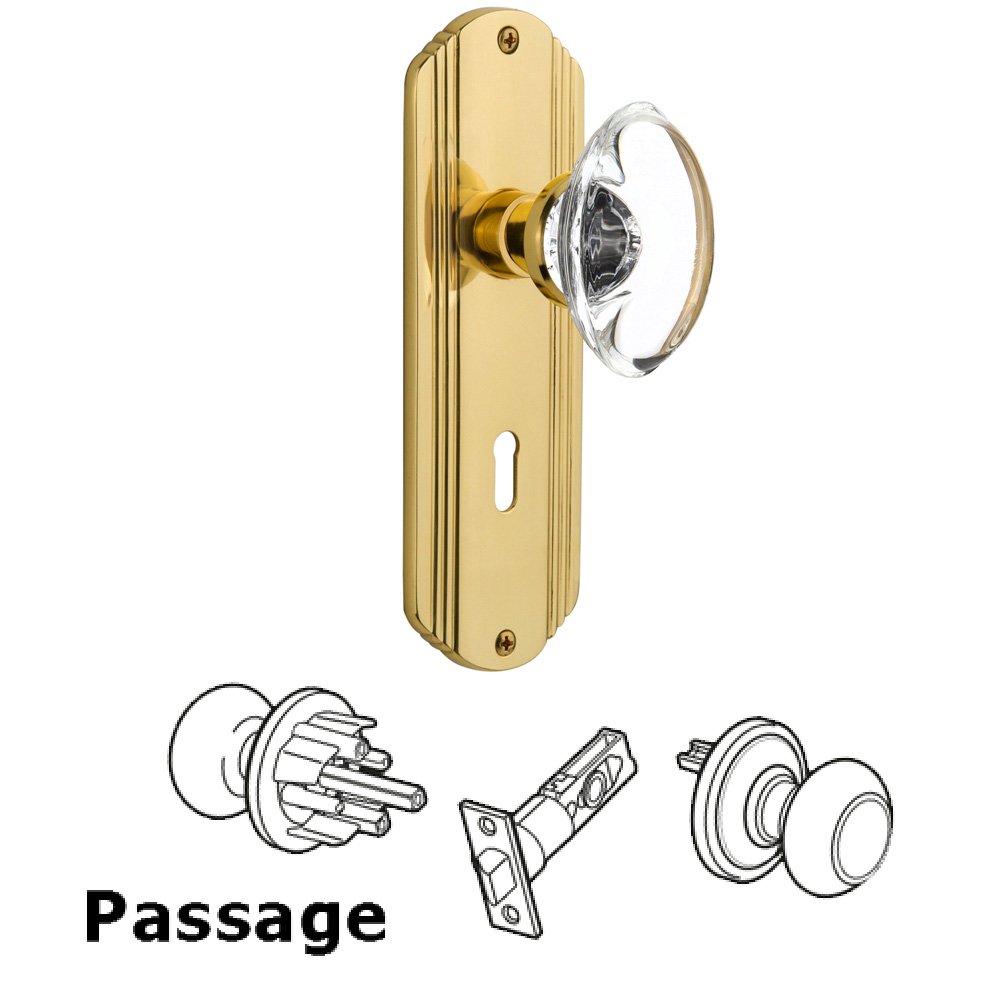 Nostalgic Warehouse Passage Deco Plate with Keyhole and Oval Clear Crystal Glass Door Knob in Unlacquered Brass