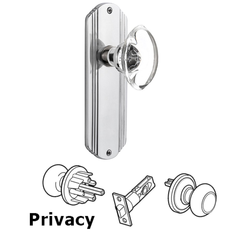 Nostalgic Warehouse Complete Privacy Set Without Keyhole - Deco Plate with Oval Clear Crystal Knob in Bright Chrome