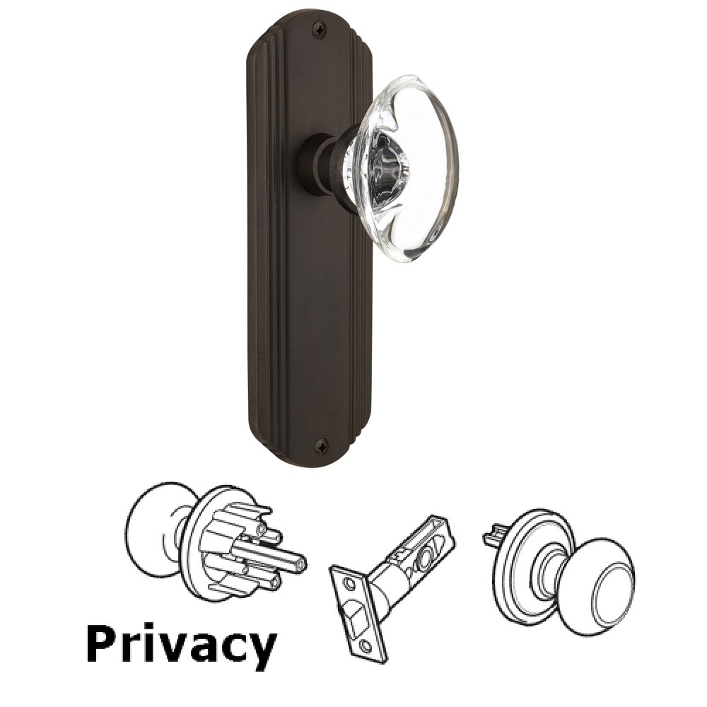 Nostalgic Warehouse Complete Privacy Set Without Keyhole - Deco Plate with Oval Clear Crystal Knob in Oil Rubbed Bronze
