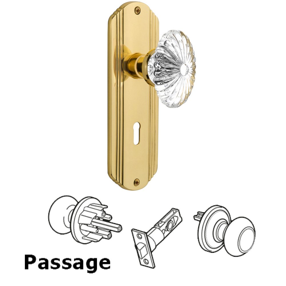 Nostalgic Warehouse Passage Deco Plate with Keyhole and Oval Fluted Crystal Glass Door Knob in Unlacquered Brass