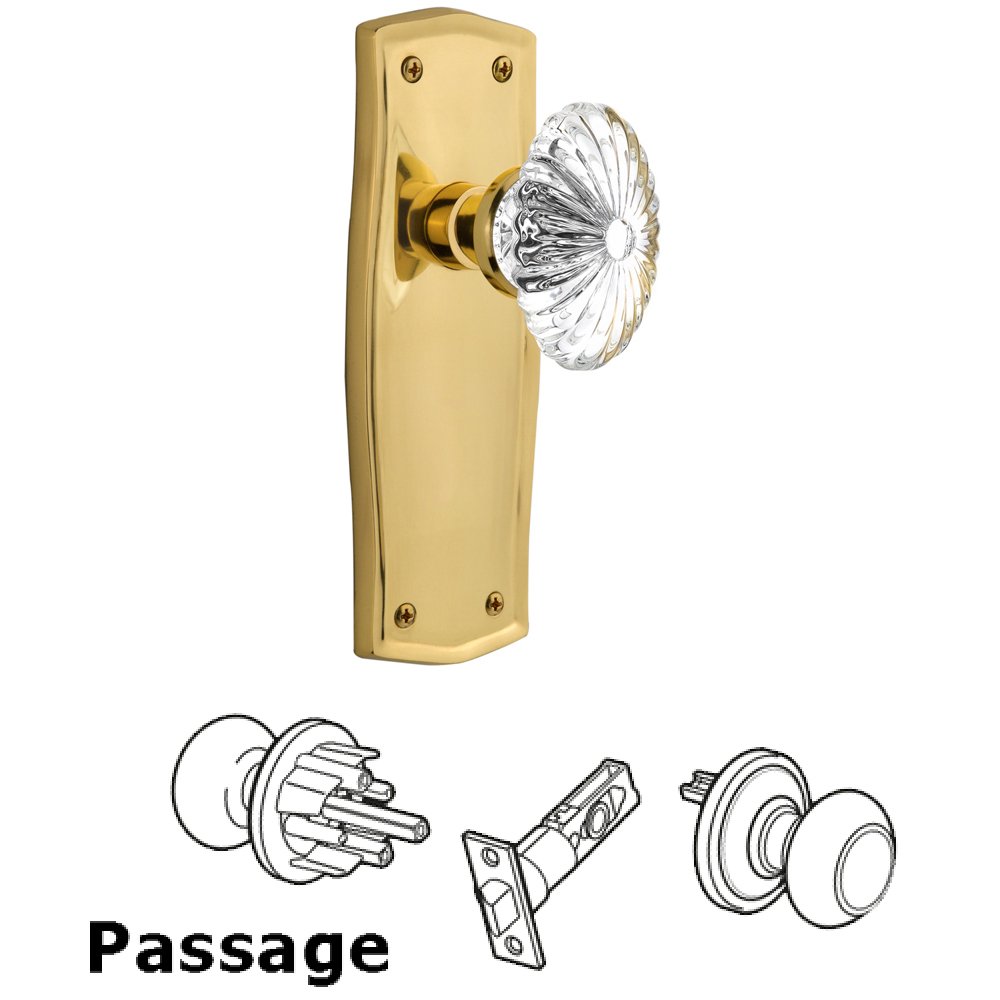 Nostalgic Warehouse Complete Passage Set Without Keyhole - Prairie Plate with Oval Fluted Crystal Knob in Unlacquered Brass