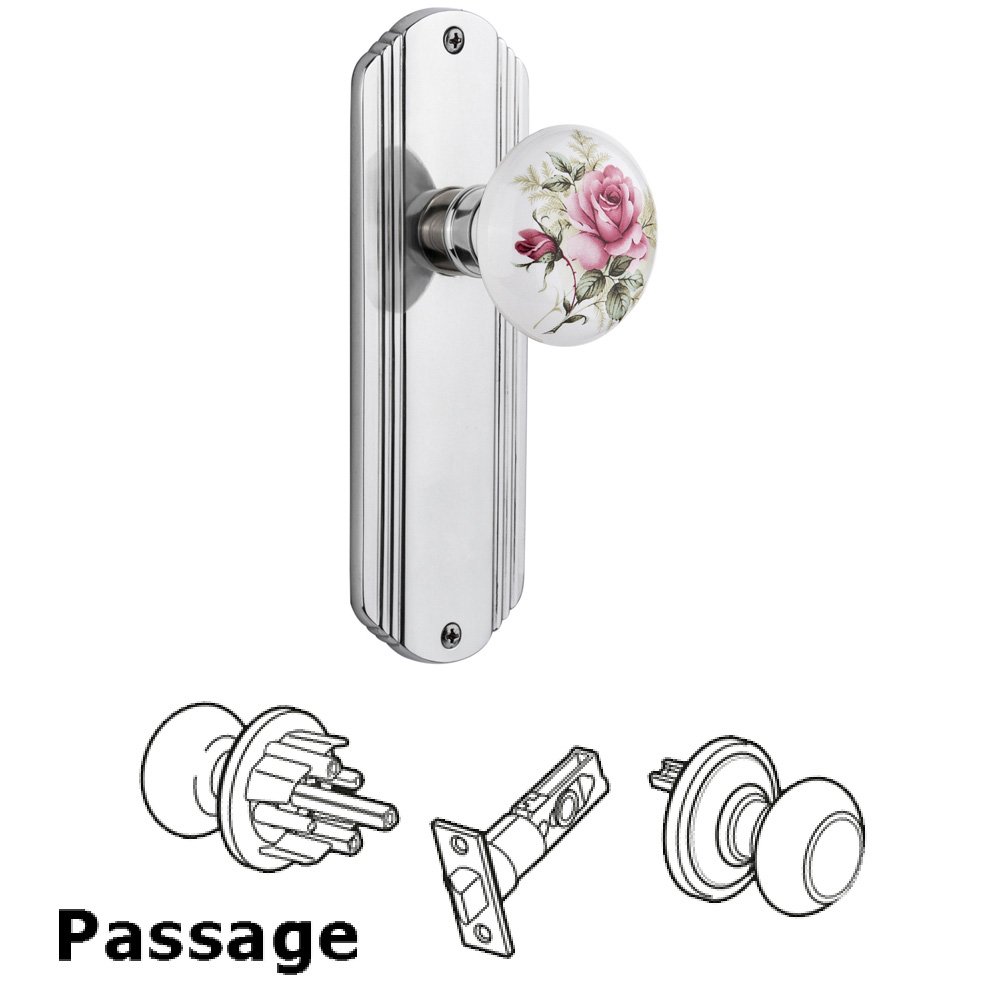 Nostalgic Warehouse Complete Passage Set Without Keyhole - Deco Plate with Rose Porcelain Knob in Bright Chrome
