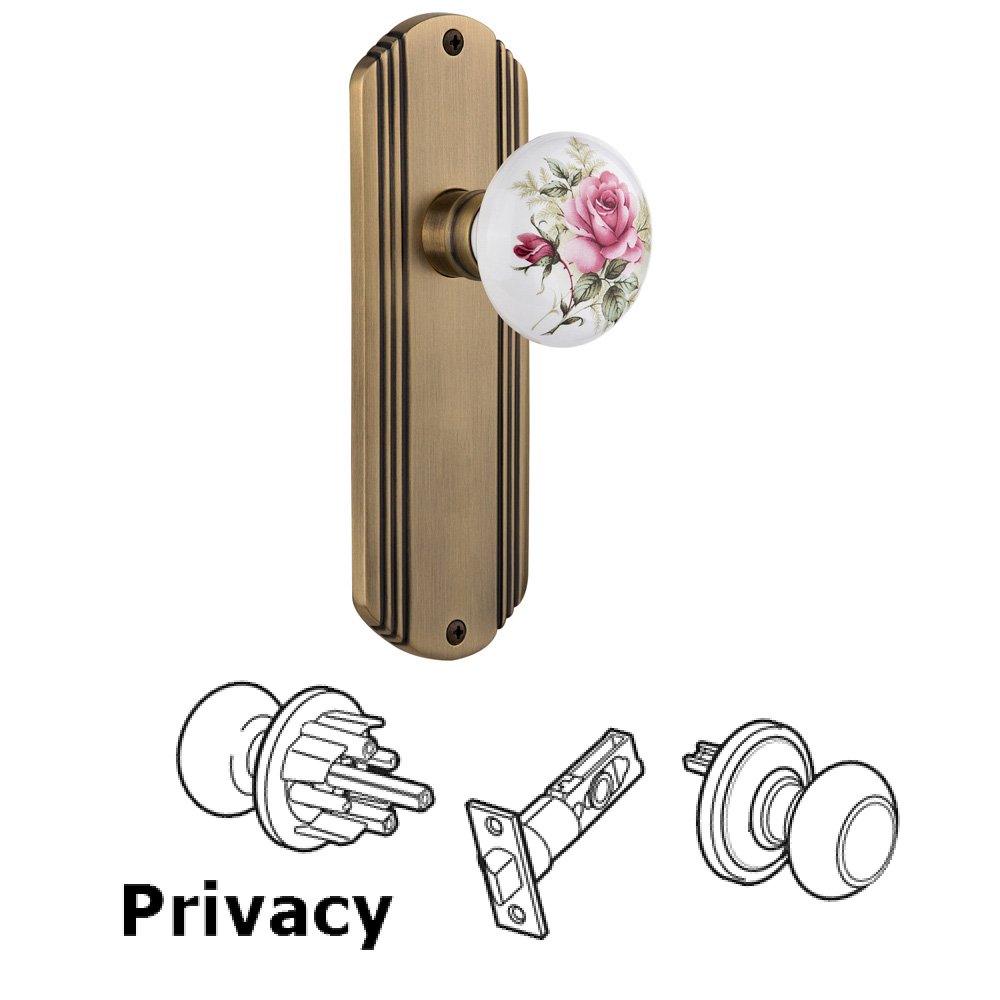 Nostalgic Warehouse Complete Privacy Set Without Keyhole - Deco Plate with Rose Porcelain Knob in Antique Brass