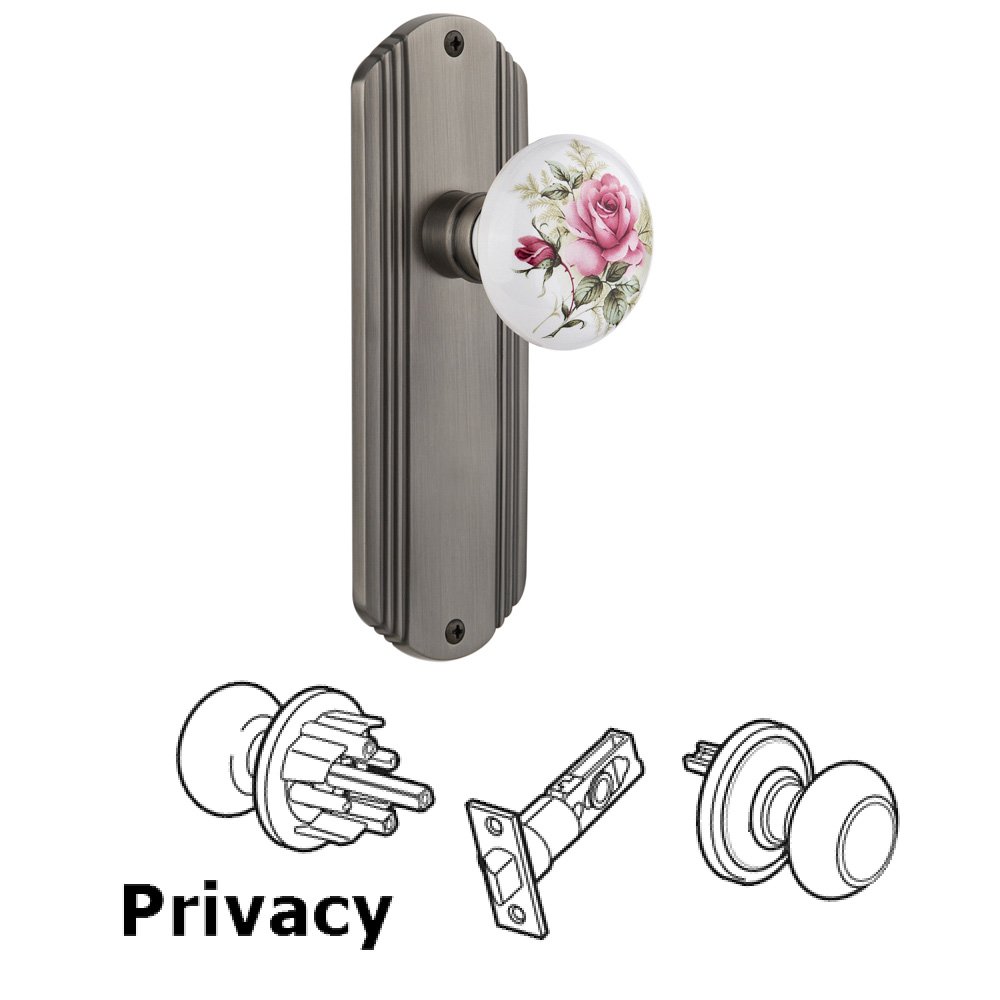 Nostalgic Warehouse Complete Privacy Set Without Keyhole - Deco Plate with Rose Porcelain Knob in Antique Pewter