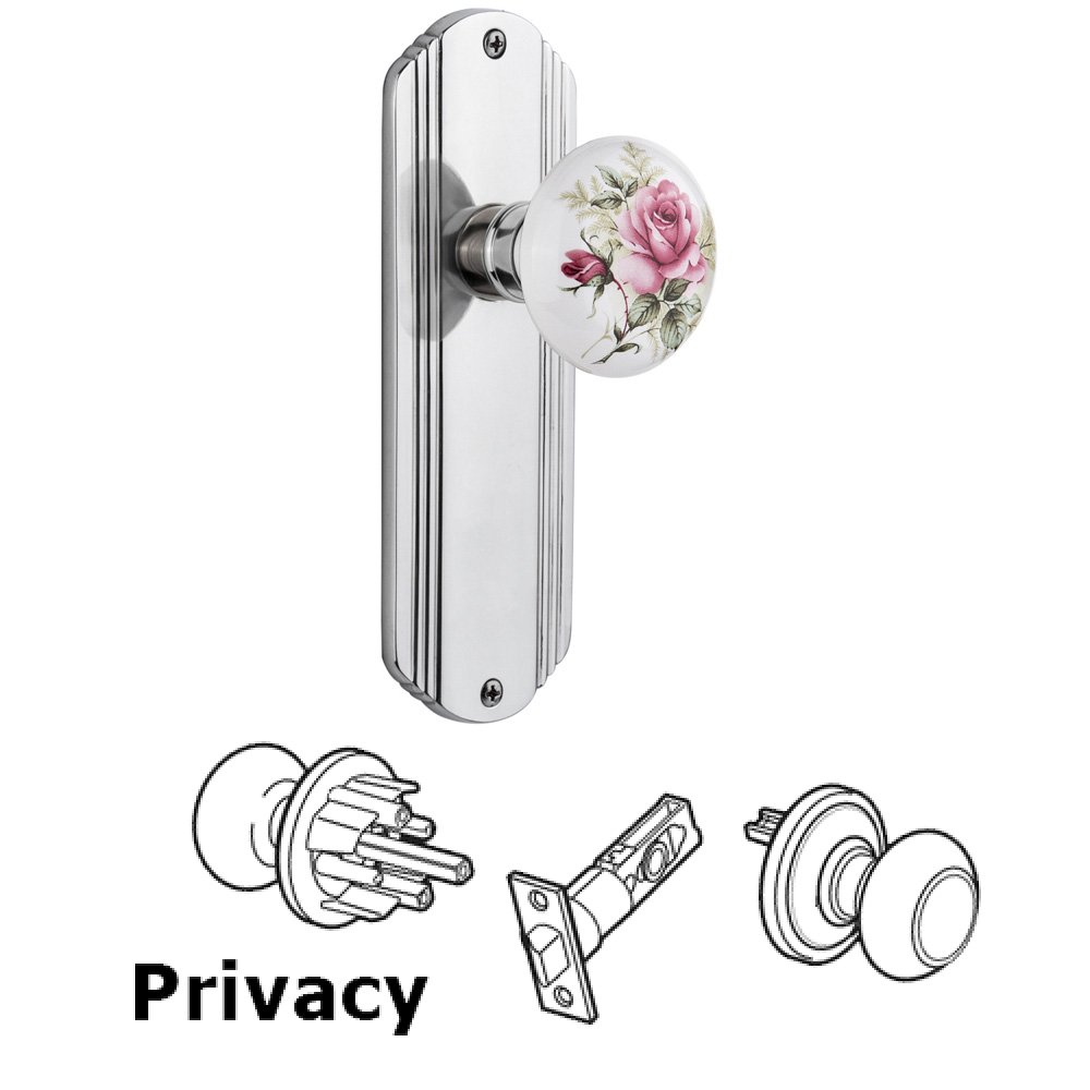 Nostalgic Warehouse Complete Privacy Set Without Keyhole - Deco Plate with Rose Porcelain Knob in Bright Chrome