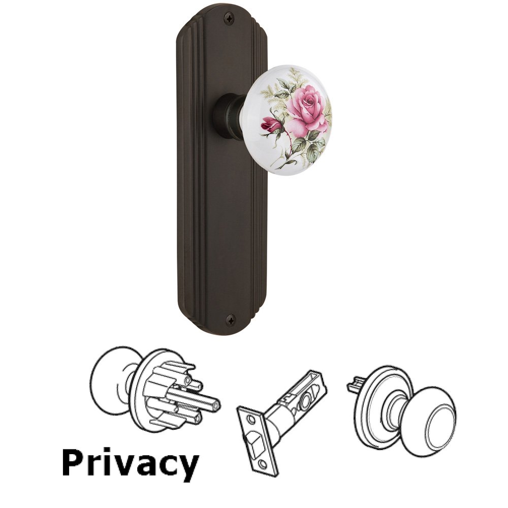 Nostalgic Warehouse Privacy Deco Plate with White Rose Porcelain Door Knob in Oil-Rubbed Bronze