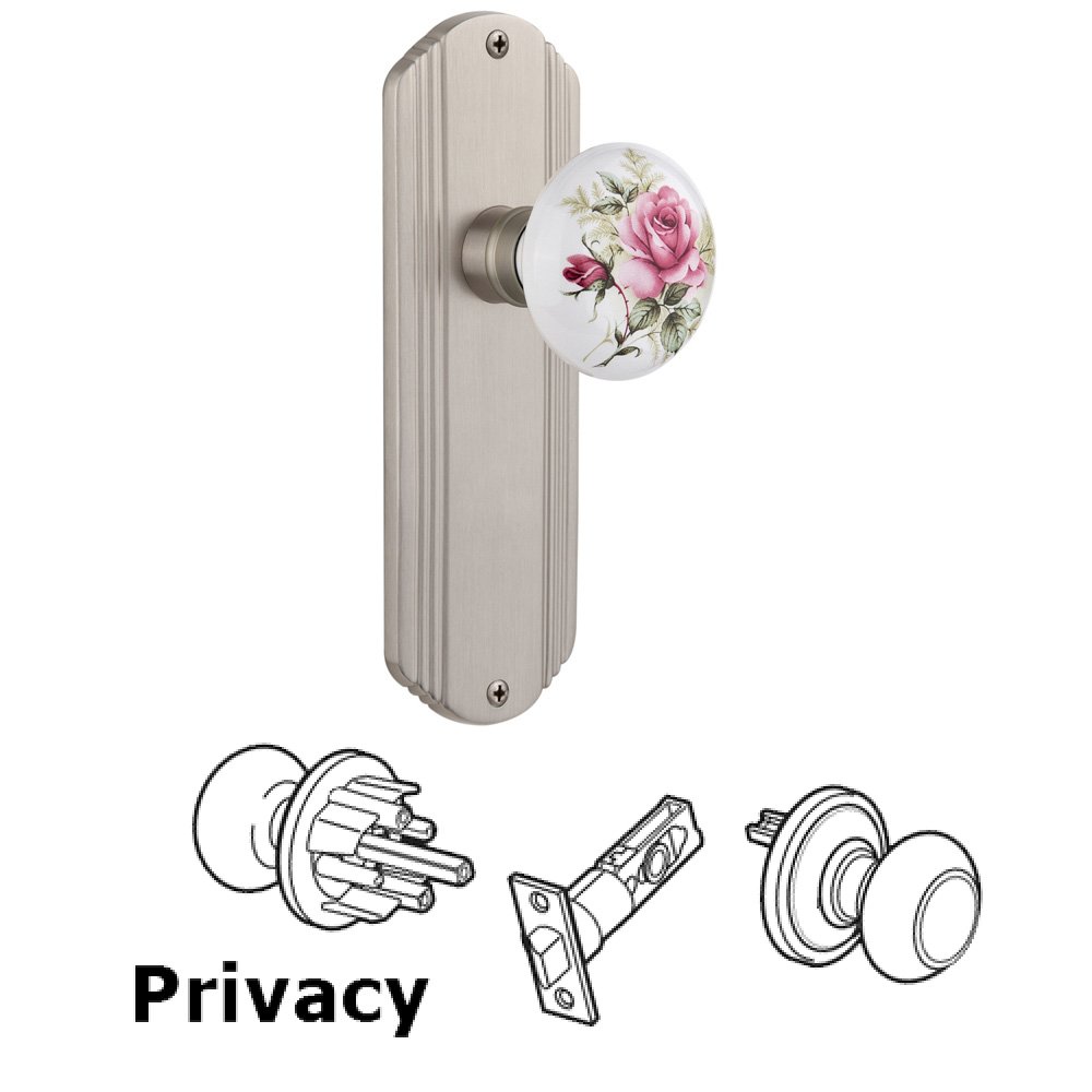 Nostalgic Warehouse Complete Privacy Set Without Keyhole - Deco Plate with Rose Porcelain Knob in Satin Nickel
