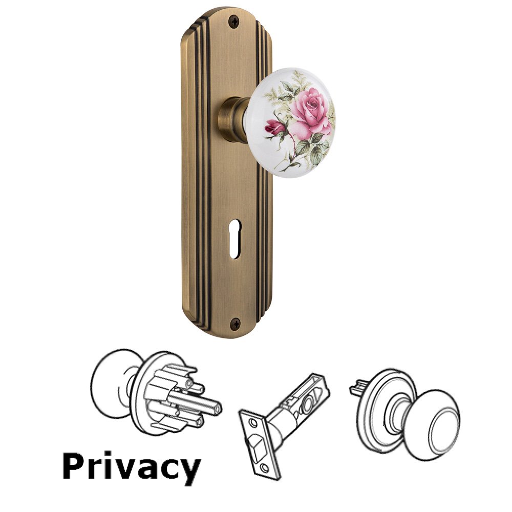 Nostalgic Warehouse Complete Privacy Set With Keyhole - Deco Plate with Rose Porcelain Knob in Antique Brass