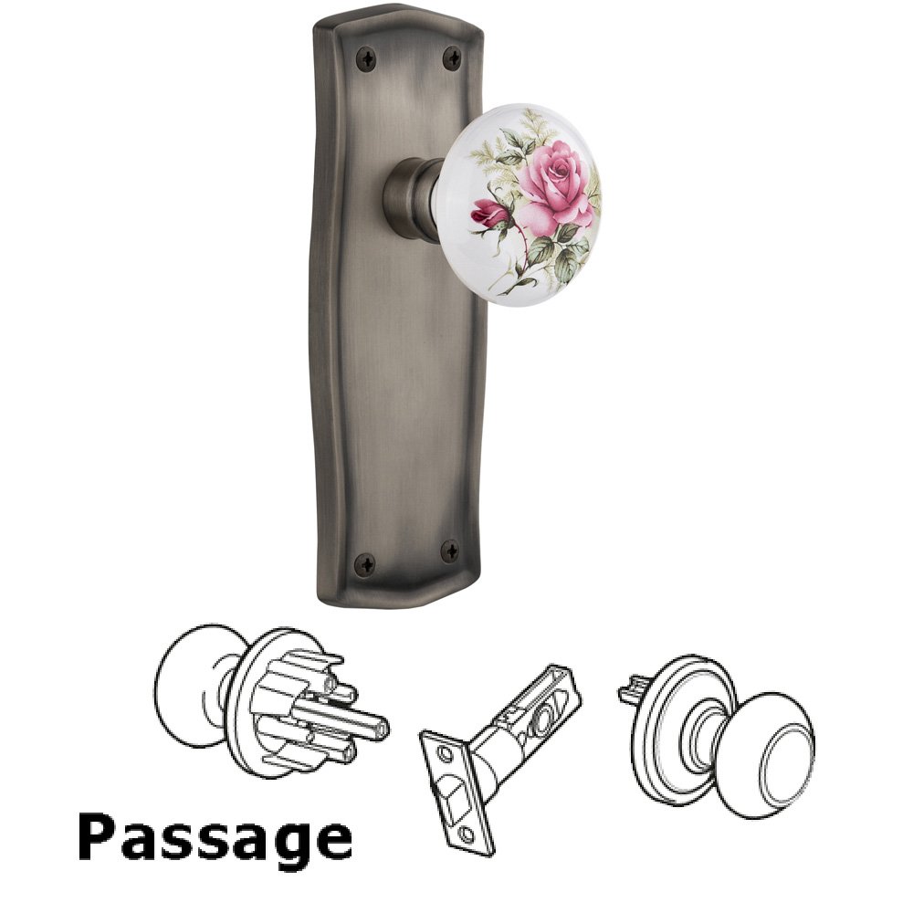 Nostalgic Warehouse Complete Passage Set Without Keyhole - Prairie Plate with Rose Porcelain Knob in Antique Pewter