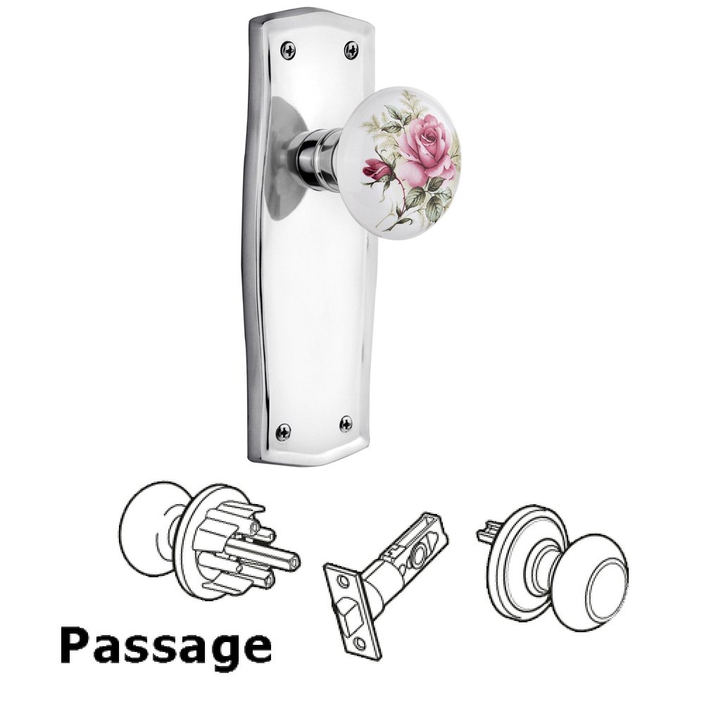 Nostalgic Warehouse Complete Passage Set Without Keyhole - Prairie Plate with Rose Porcelain Knob in Bright Chrome