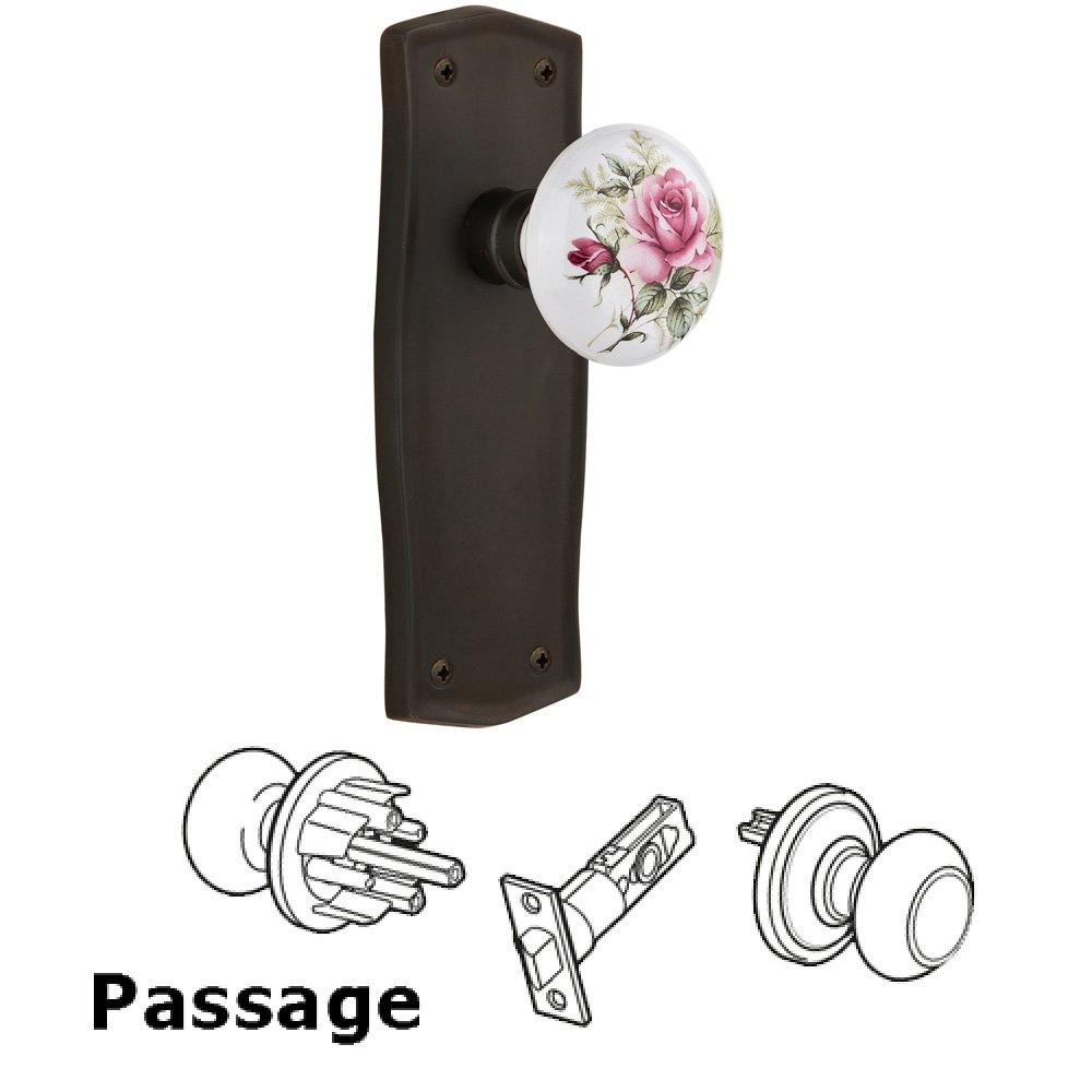 Nostalgic Warehouse Passage Prairie Plate with White Rose Porcelain Door Knob in Oil-Rubbed Bronze