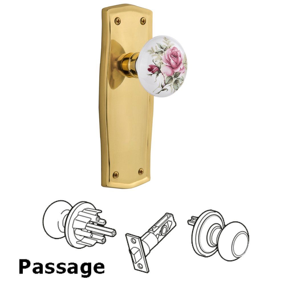 Nostalgic Warehouse Passage Prairie Plate with White Rose Porcelain Door Knob in Polished Brass