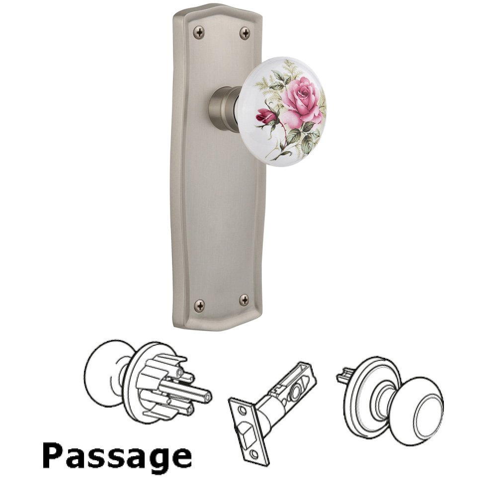 Nostalgic Warehouse Complete Passage Set Without Keyhole - Prairie Plate with Rose Porcelain Knob in Satin Nickel