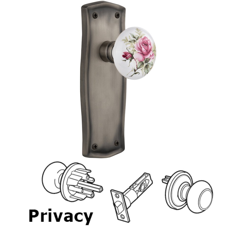 Nostalgic Warehouse Complete Privacy Set Without Keyhole - Prairie Plate with Rose Porcelain Knob in Antique Pewter