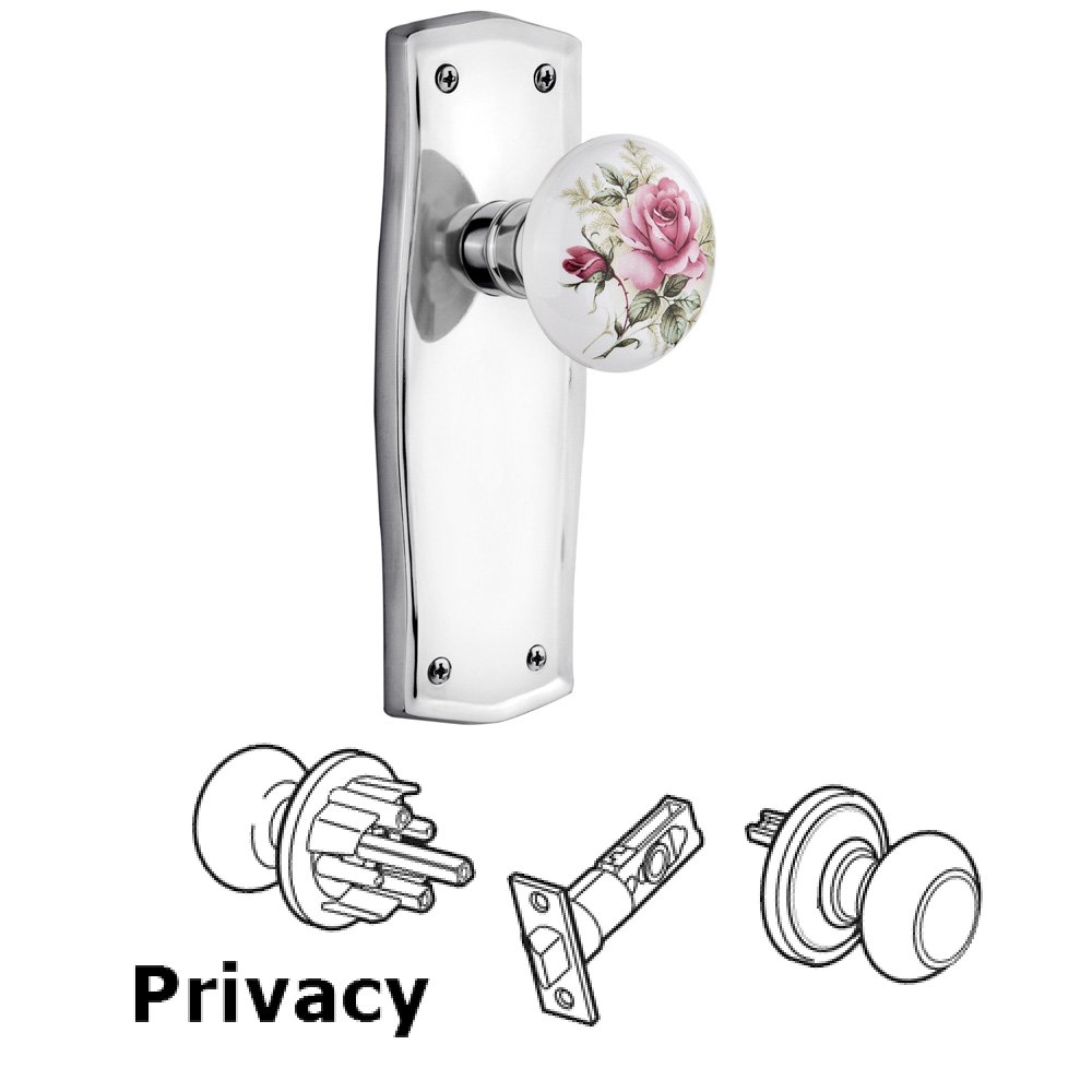 Nostalgic Warehouse Privacy Prairie Plate with White Rose Porcelain Door Knob in Bright Chrome