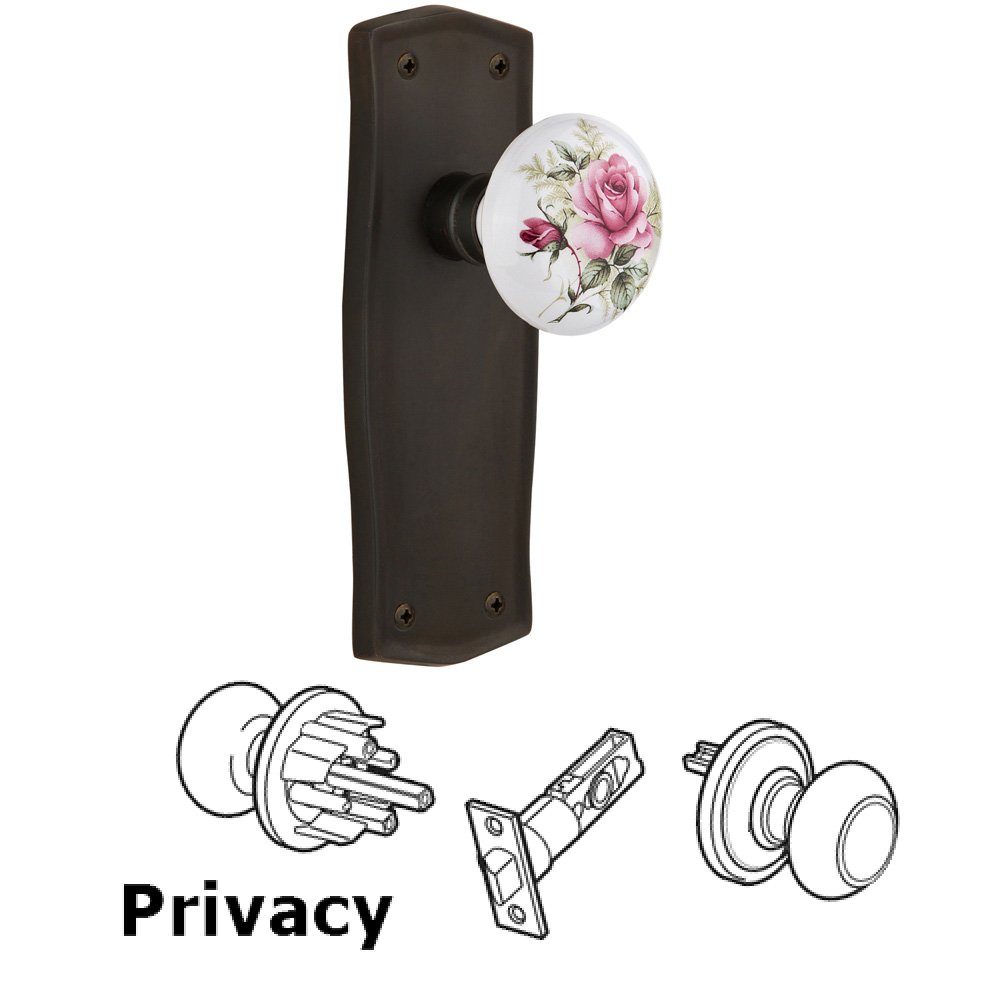 Nostalgic Warehouse Complete Privacy Set Without Keyhole - Prairie Plate with Rose Porcelain Knob in Oil Rubbed Bronze