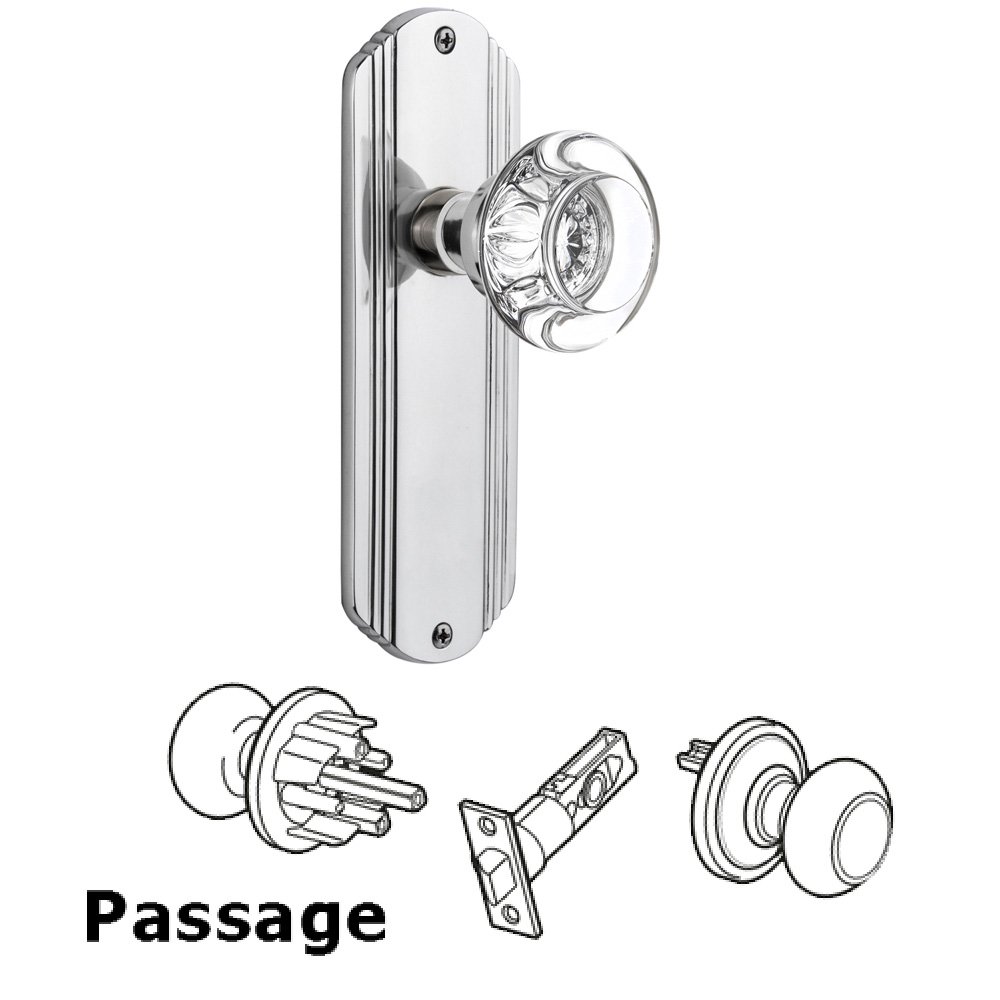 Nostalgic Warehouse Complete Passage Set Without Keyhole - Deco Plate with Round Clear Crystal Knob in Bright Chrome