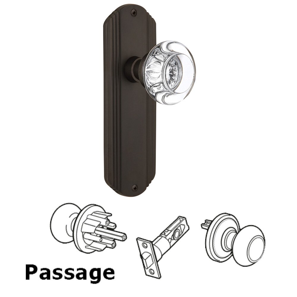 Nostalgic Warehouse Passage Deco Plate with Round Clear Crystal Glass Door Knob in Oil-Rubbed Bronze