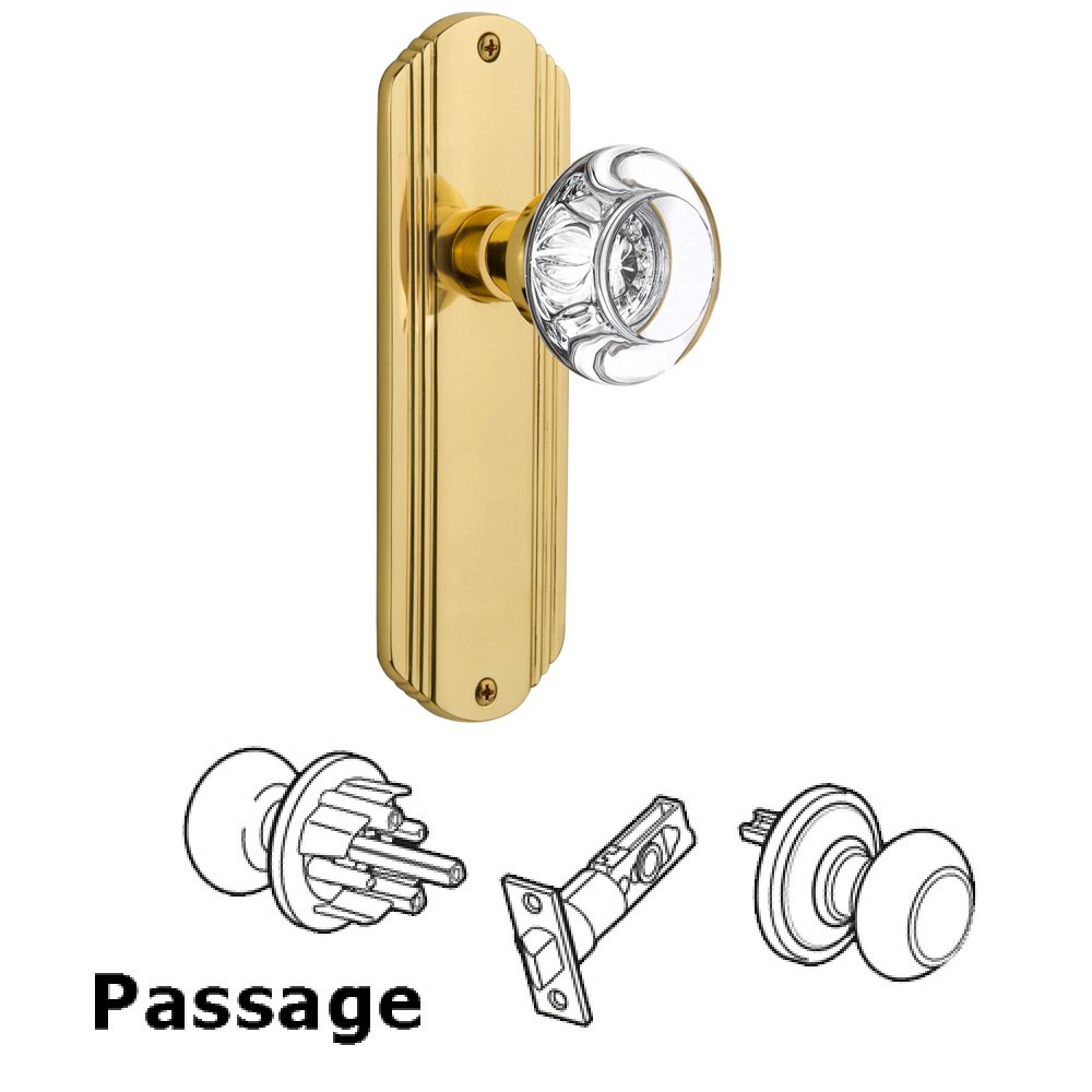 Nostalgic Warehouse Complete Passage Set Without Keyhole - Deco Plate with Round Clear Crystal Knob in Polished Brass