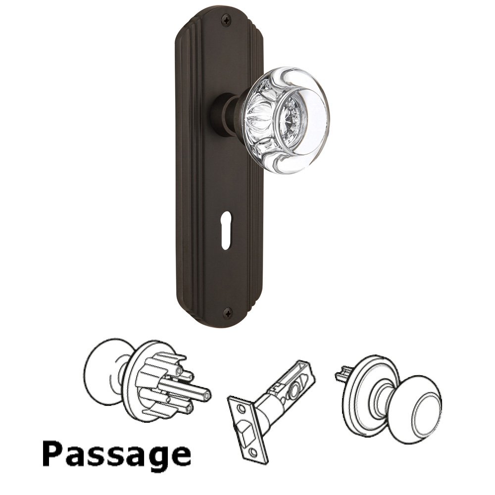 Nostalgic Warehouse Passage Deco Plate with Keyhole and Round Clear Crystal Glass Door Knob in Oil-Rubbed Bronze