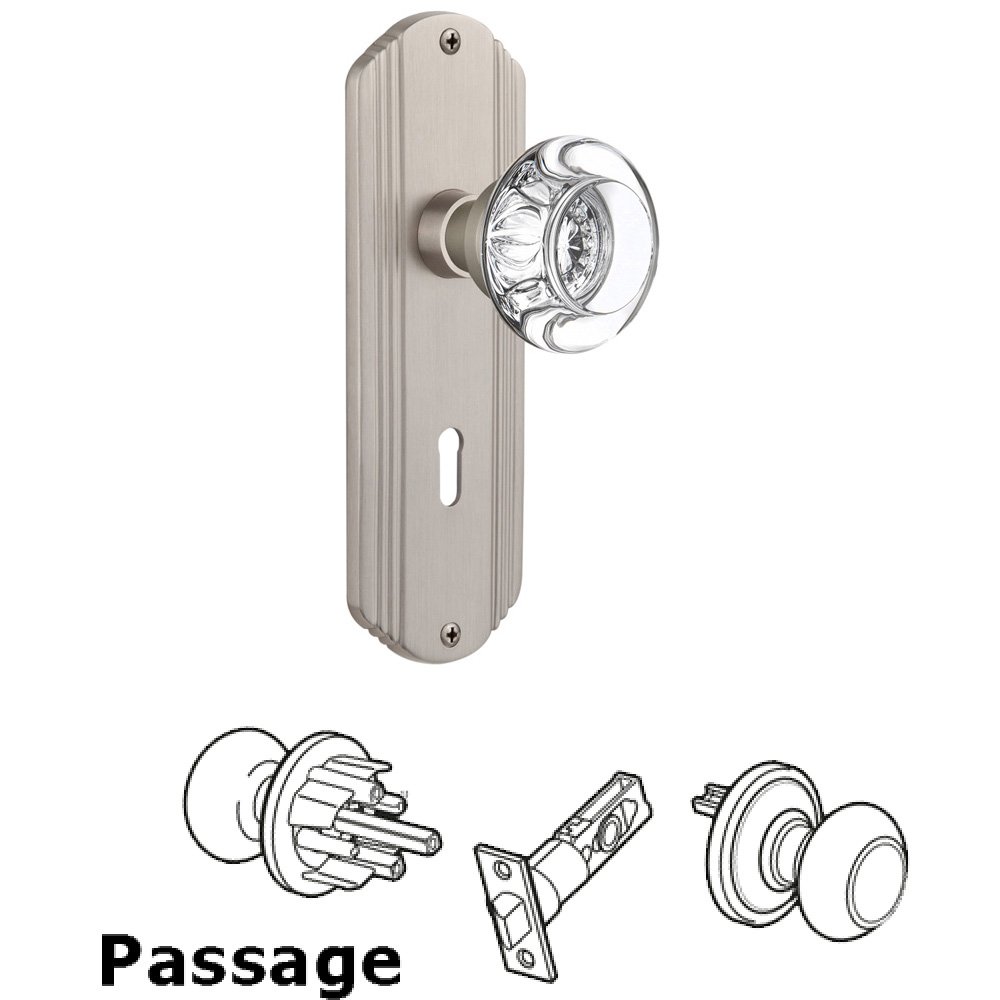 Nostalgic Warehouse Passage Deco Plate with Keyhole and Round Clear Crystal Glass Door Knob in Satin Nickel