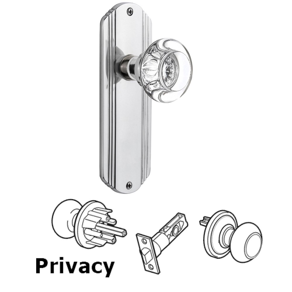 Nostalgic Warehouse Complete Privacy Set Without Keyhole - Deco Plate with Round Clear Crystal Knob in Bright Chrome