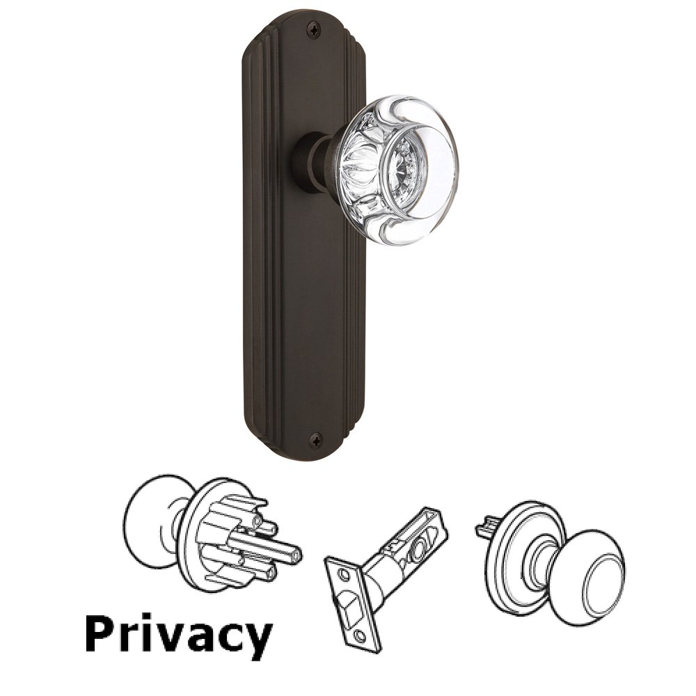 Nostalgic Warehouse Complete Privacy Set Without Keyhole - Deco Plate with Round Clear Crystal Knob in Oil Rubbed Bronze