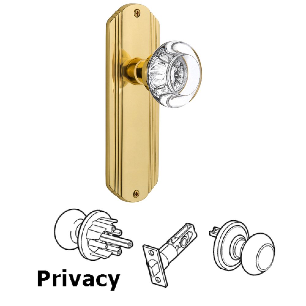 Nostalgic Warehouse Complete Privacy Set Without Keyhole - Deco Plate with Round Clear Crystal Knob in Polished Brass