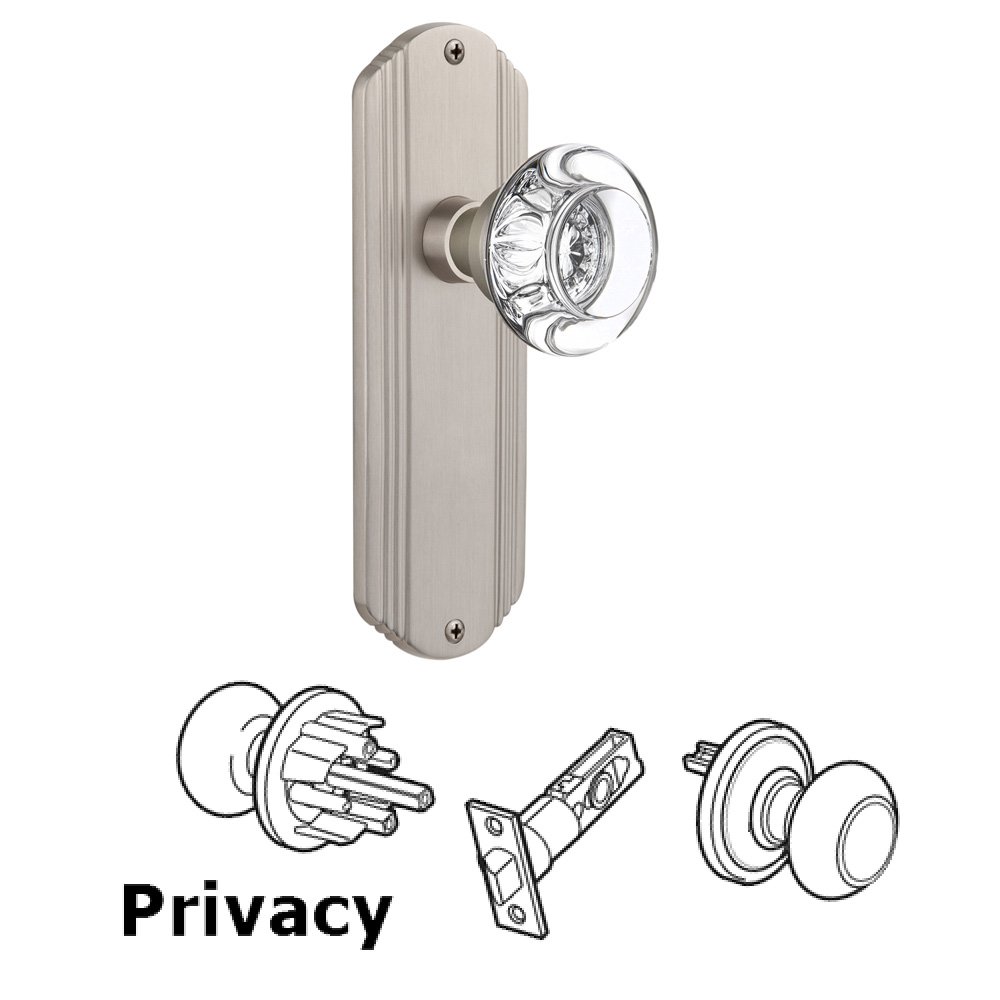 Nostalgic Warehouse Complete Privacy Set Without Keyhole - Deco Plate with Round Clear Crystal Knob in Satin Nickel