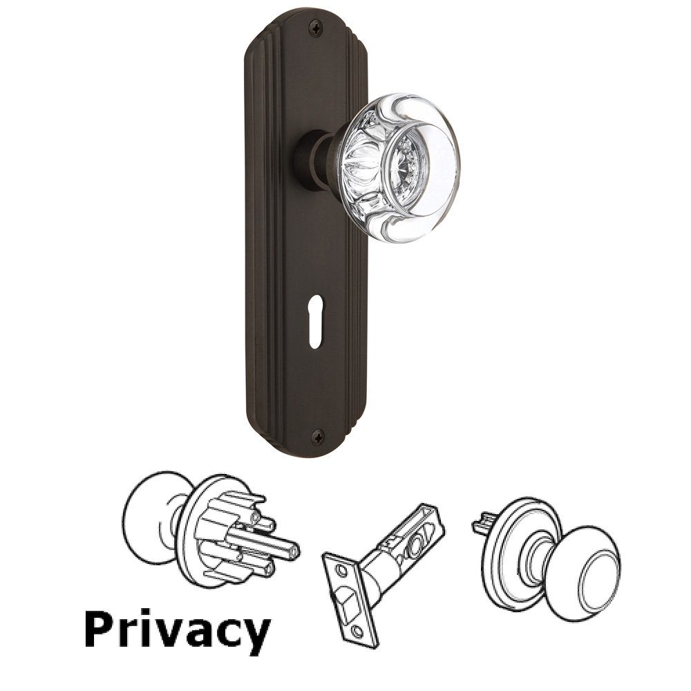 Nostalgic Warehouse Complete Privacy Set With Keyhole - Deco Plate with Round Clear Crystal Knob in Oil Rubbed Bronze