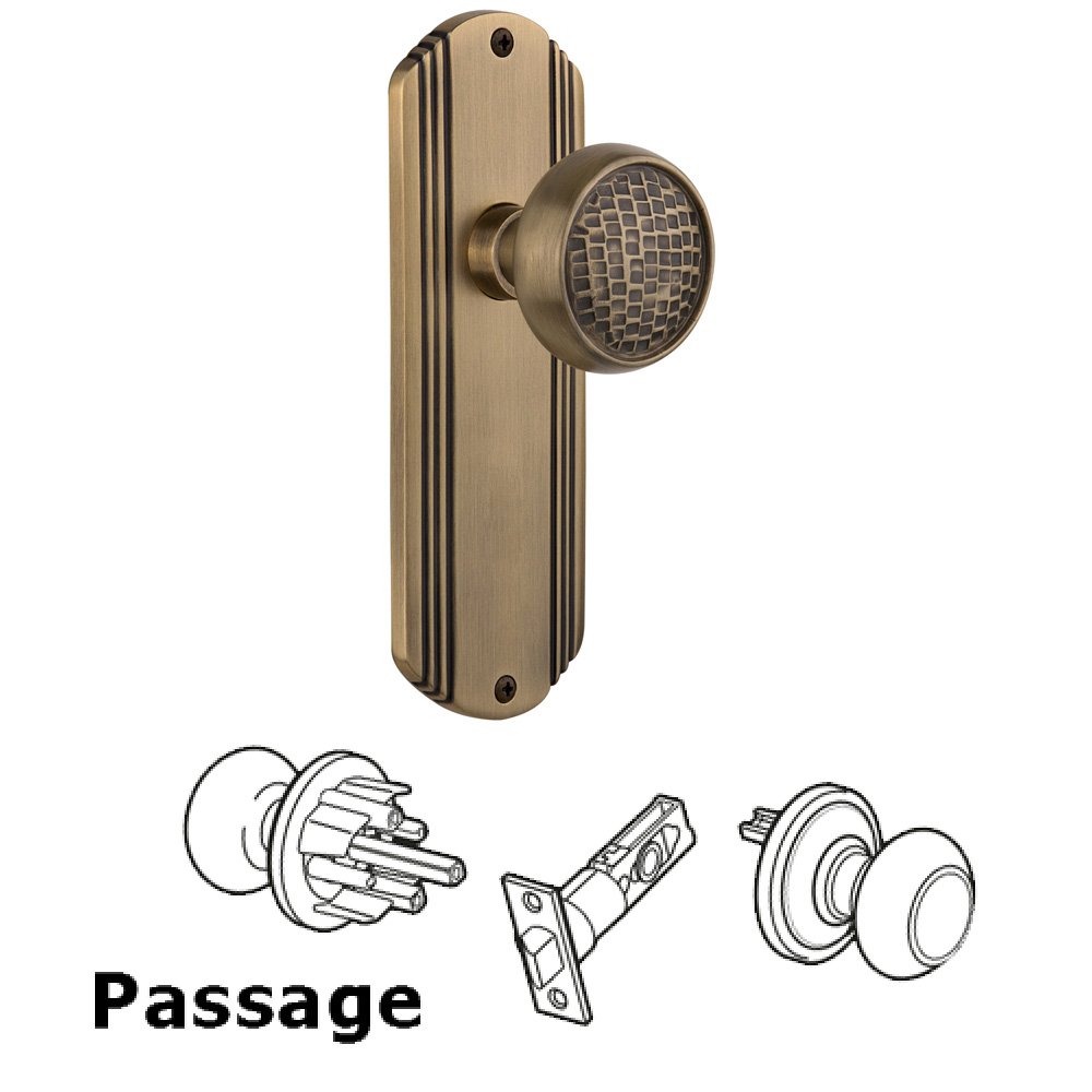 Nostalgic Warehouse Complete Passage Set Without Keyhole - Deco Plate with Craftsman Knob in Antique Brass